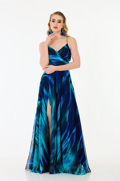Carmen Saks Straps Printed Chiffon Evening Dress