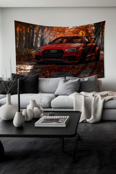 Moud's Sonbahar Kırmızı Araba Desenli Duvar Halısı Duvar Örtüsü Tapestry Süet...