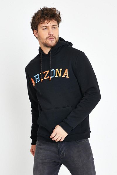 Polo State Hanorac negru pentru bărbați, din bumbac, cu 3 fire, cu fleece în interior, cu broderie, cu glugă, cu buzunar cangur