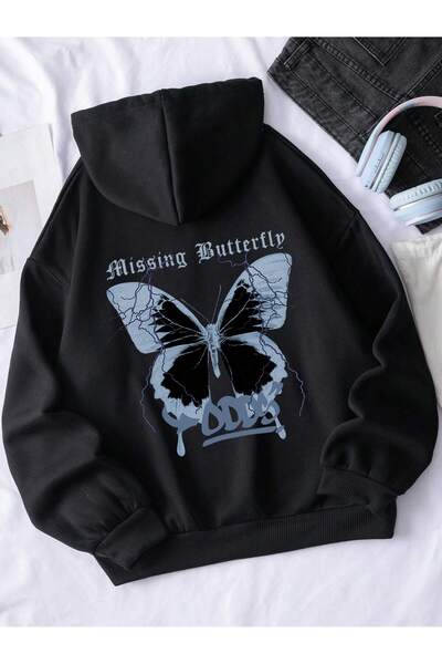 Eritqaa Blue Butterfly Printed Black Oversize Hooded Sweatshirt Hoodie