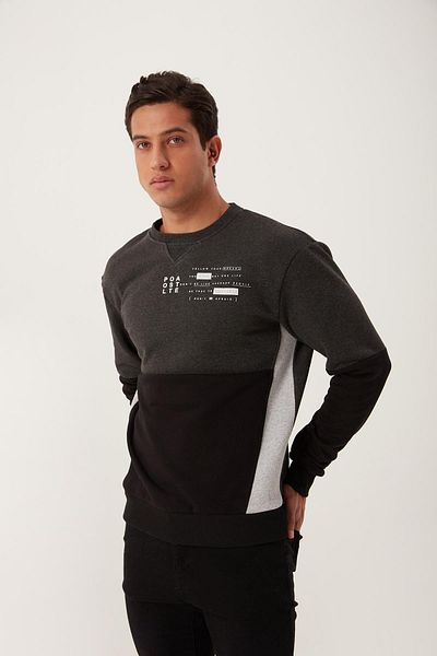 Polo State Men's 3 Thread Raised Thick Double Color Basic Black Sweatshirt