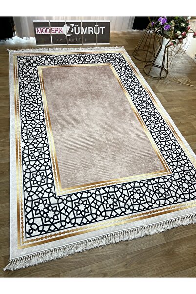 Zümrüt Ev Tekstil Yazlık Halı Dijital Baskılı Makinede Yıkanabilir Dot Taban İnce Halı Leylin Vizon