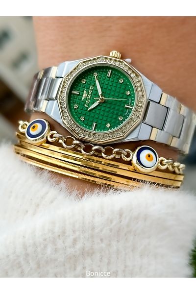 FERRO Brand Yellow Silver Color Steel Band, Green Dial Women's Wrist Watch+Bracelet