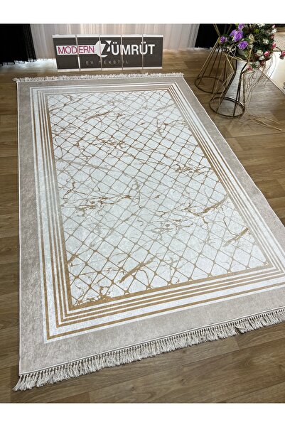 Zümrüt Ev Tekstil Dijital Baskılı Makinede Yıkanabilir Dot Taban Halı Bayku Vizon