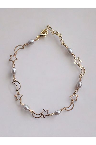 NAİFTAKIAKSESUAR Women's Moon and Star Detailed Pearlescent Anklet
