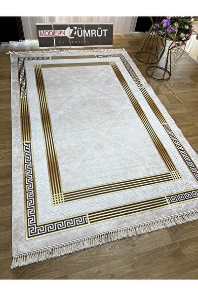 Zümrüt Ev Tekstil Yazlık Halı Dijital Baskılı Makinede Yıkanabilir Dot Taban İnce Halı Talia Krem