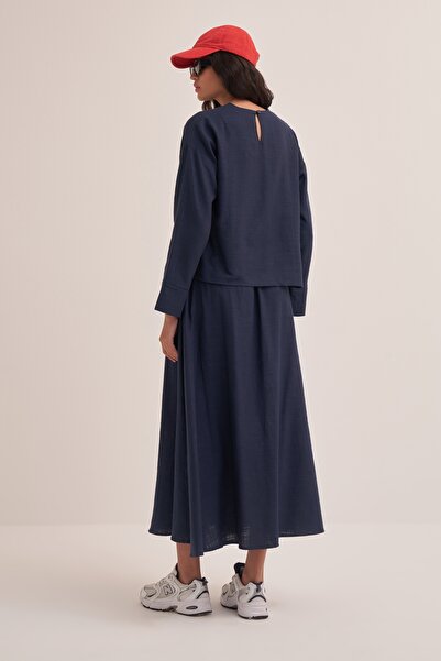 EBU Prive Navy Blue Organic Cotton Women's Blouse and Skirt Set