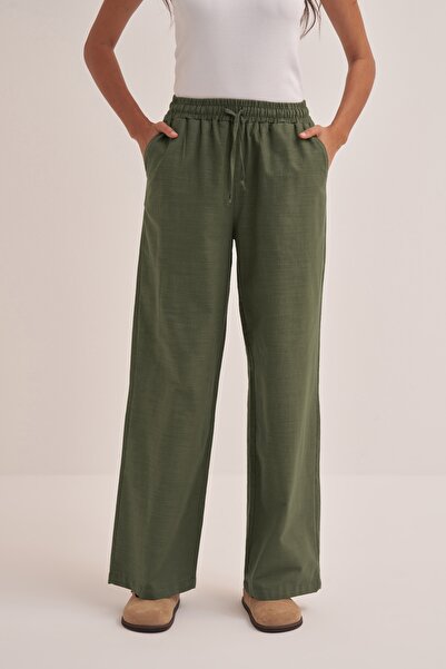 EBU Prive Χακί Γυναικείο Βιολογικό Βαμβάκι παντελόνι palazzo - Φαρδύ πόδι