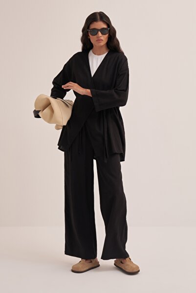 EBU Prive Μαύρο Σετ Κιμονό - Οργανικό Βαμβάκι, Γυναικείο με Κορδόνια