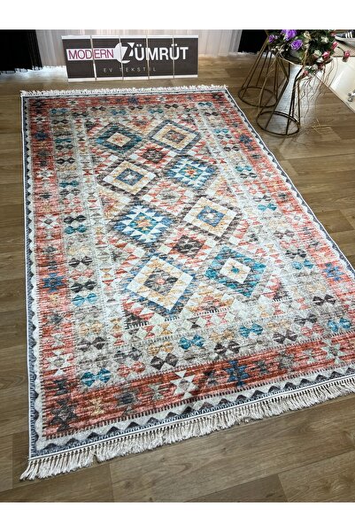 Zümrüt Ev Tekstil Dijital Baskılı Makinede Yıkanabilir Dot Taban Halı Börte