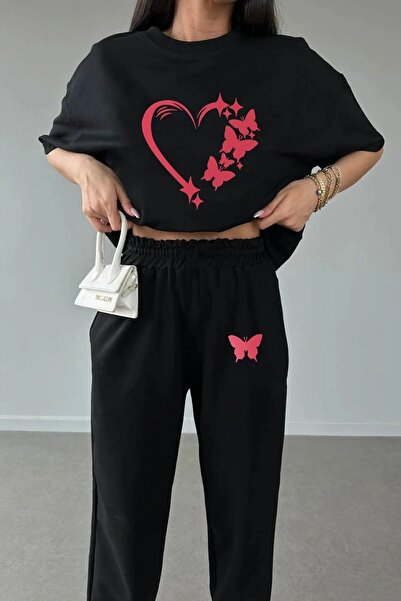 THEKONT Pink Butterfly Heart Printed Top and Bottom Set (T-Shirt and Rubberiz...