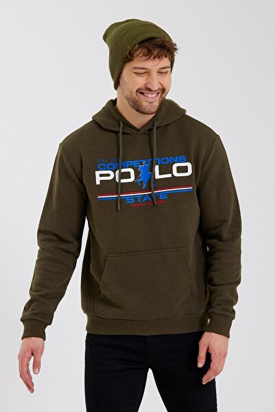 Polo State Ανδρικό φούτερ με κουκούλα με στάμπα 3 νήματα χακί