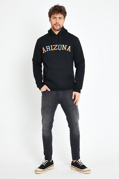Polo State Hanorac negru pentru bărbați, din bumbac, cu 3 fire, cu fleece în interior, cu broderie, cu glugă, cu buzunar cangur