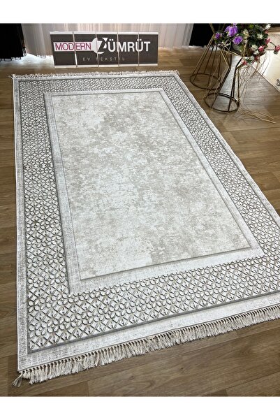 Zümrüt Ev Tekstil Dijital Baskılı Makinede Yıkanabilir Dot Taban Halı Sedef Krem