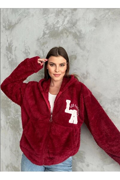 scyllastore Kadın Bordo Kapüşonlu Peluş Mont