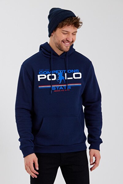 Polo State Ανδρικό φούτερ με κουκούλα με στάμπα 3 κλωστών Navy Blue
