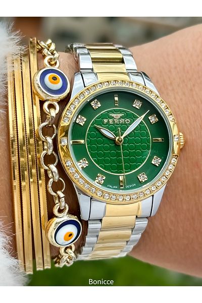 FERRO Brand Yellow Silver Color Steel Band, Green Dial Women's Wrist Watch+Bracelet