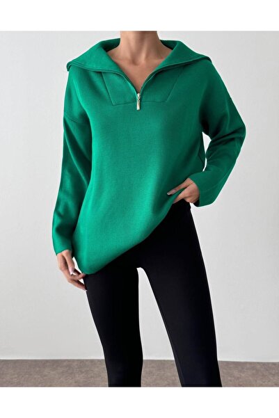 Boutique Sirena Wide Collar Detailed Zippered Steel Knitwear Tunic Oversize Sweater