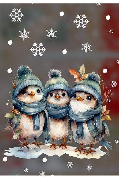 AlyMarkt 2025 Cute Christmas Birds and Snowflakes Sticker Set Double Sided - New Year's Decoration