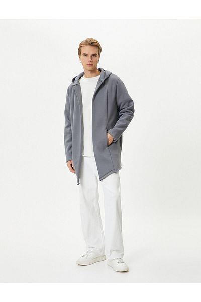 Koton Hooded Cardigan with Stitching Detail and Asymmetric Cut with Pockets