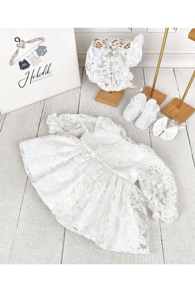 Hobidik White Lace Balloon Sleeve Mevlüt Dress Set - Baby Girl