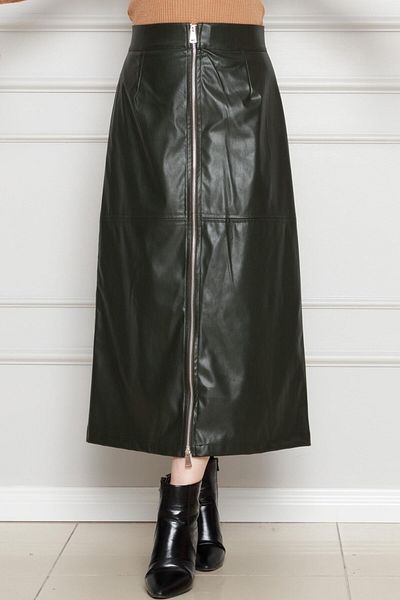 Sevitli Khaki Leather Skirt - Front Zipper Detail