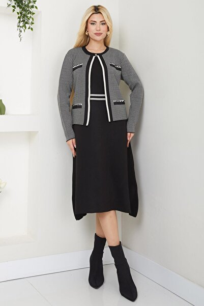 SENSTIL Μαύρο Σετ Φόρεμα με Πλεκτό Μπουφάν - SS2593
