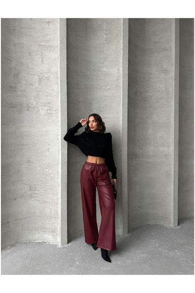 BEES JEANS High Waist Burgundy Leather Palazzo Pants