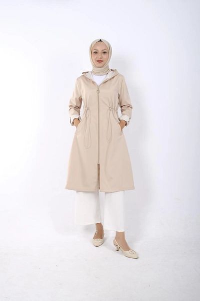 Tesettür Diyarı Women's Cream Trench Coat - Elastic Waist, Zipper Detail and Hoodie