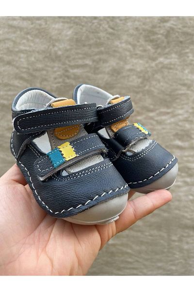 Sare Çocuk Giyim Baby Boy Navy Blue Genuine Leather Comfortable Orthopedic Sandals First Step Shoes