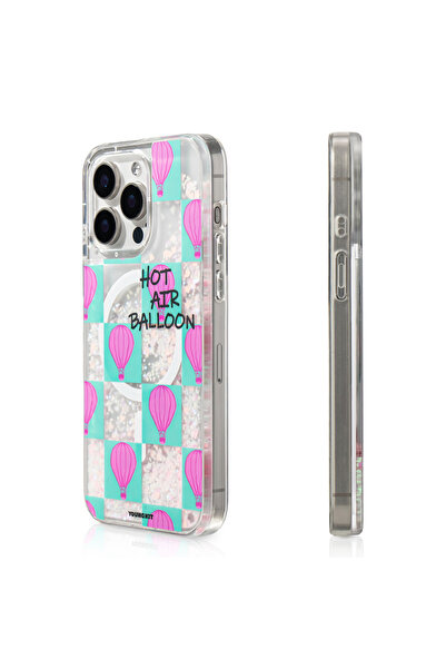 Youngkit iPhone 16 Pro Max Kılıf Magsafe Uyumlu Parlak Kumlu Sıvılı Youngkit Pink Dream Quicksand Turkuaz