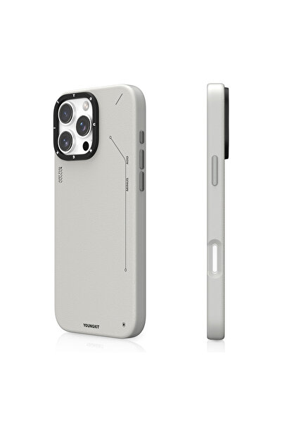 Youngkit iPhone 15 Pro Max Kılıf Magsafe Özellikli Basit Mat Deri Desenli Youngkit Tech Fashion Serisi Gri