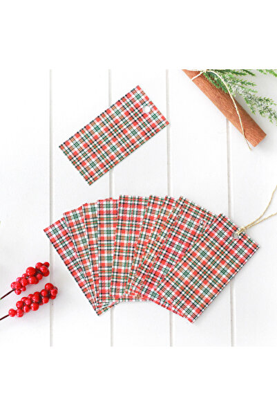 Bimotif Yılbaşı Ekose Desenli Dikdörtgen Etiket, Kırmızı 10 Adet (3.5X7 CM)