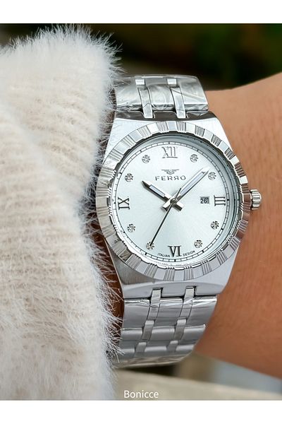 FERRO Brand Silver Color Steel Band Women Wrist Watch+Bracelet