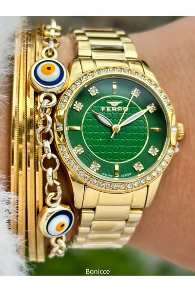 FERRO Brand Yellow Color Steel Band,Green Dial Rhinestone Women's Wrist Watch+Bracelet