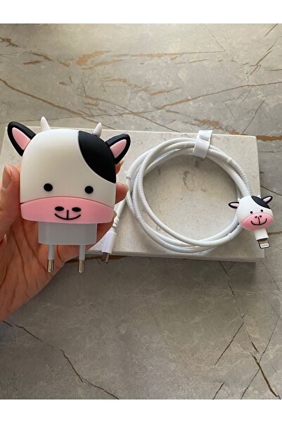 Genel Markalar Sevimli İnek iPhone 18W/20W Şarj Adaptör Kılıfı, Şarj Kablo Ko...