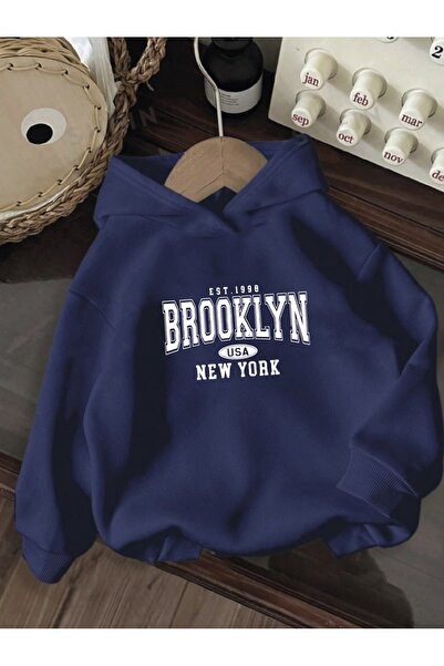 MORNİNG KİDS Girls-Boys Navy Blue Hooded Brooklyn Usa New Yorkprinted Raised ...