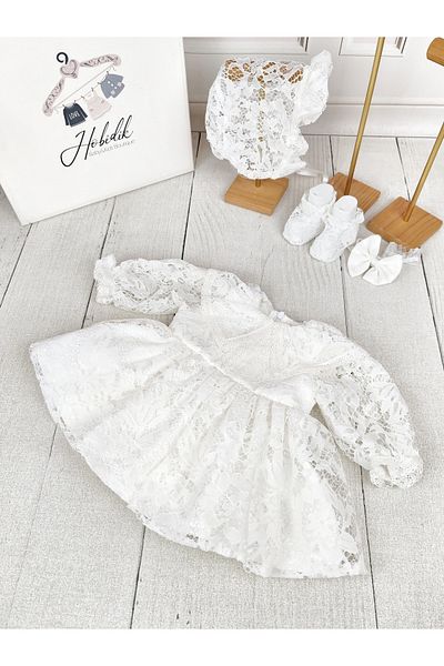 Hobidik White Lace Balloon Sleeve Mevlüt Dress Set - Baby Girl