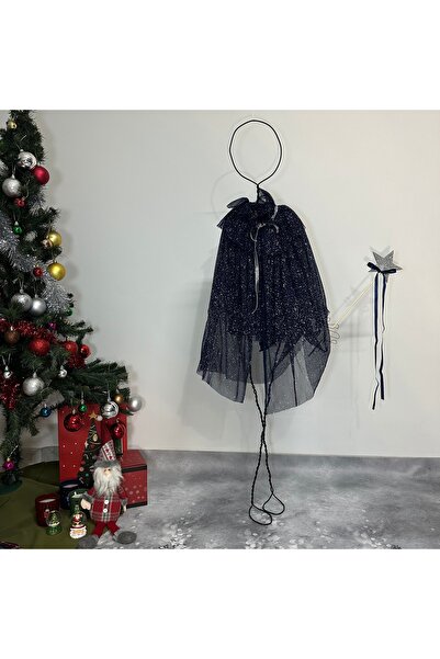 Dimmel Costume Yılbaşı Simli Lacivert Pelerin Değnek Set