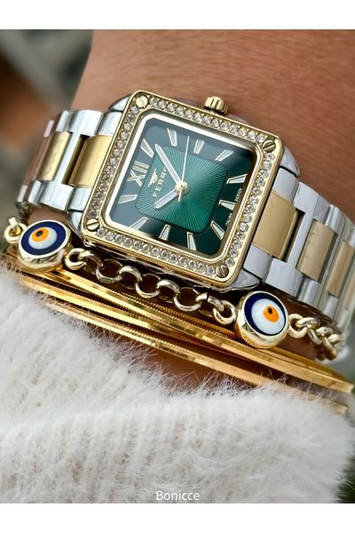 FERRO Brand Yellow Silver Color Steel Band, Green Dial Square Case Women's Wristwatch+Bracelet