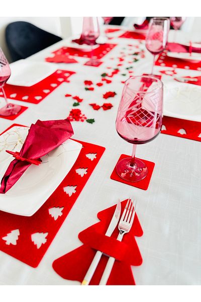 Karter İnovasyon New Year's Themed 24-Piece American Service, New Year's 6-Person Plate Set, New Year's Square Service Red