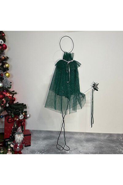 Dimmel Costume Yılbaşı Simli Yeşil Pelerin Değnek Set