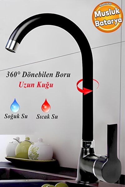 Badem10 Lara Uzun Kuğu Batarya Siyah Lavabo Banyo Mutfak Musluk Mermer Tezgah...
