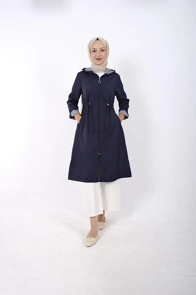 Tesettür Diyarı Women's Rubber Waist Detailed Zippered Hooded Trench Coat - Navy Blue