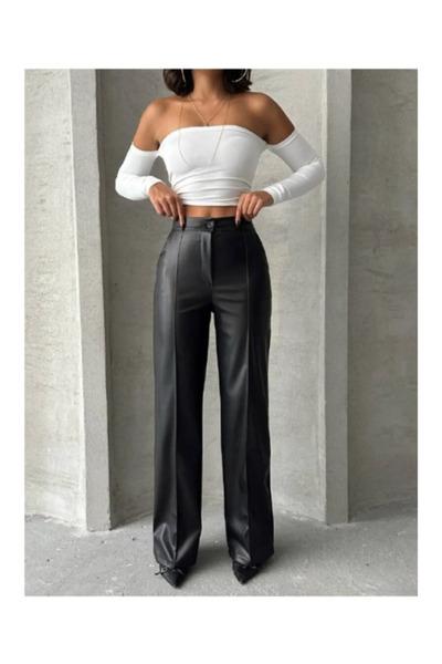 BEES JEANS Yüksek Bel Siyah Çımalı Deri Palazzo Pantolon