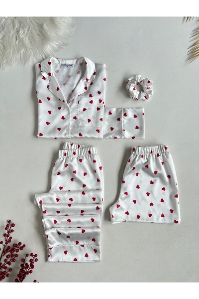 KARLİNAX Yılbaşı Hediyesi Kutulu 4 Parça Kırmızı Kalpli Pijama Seti