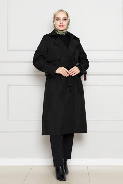 Sevitli Μαύρη καμπαρντίνα - με λεπτομέρεια ζώνης στο μανίκι