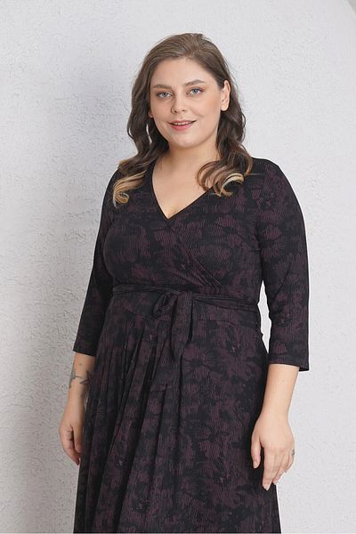 Büyük Moda Flower Patterned Crossbody Collar Midi Size Wrap Dress