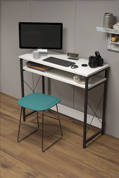 GOLDFALEZ Modern White Computer Desk | Home Office Student Desk with Storage Shelf | Compact Work Station