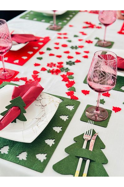 Karter İnovasyon New Year's Themed Square Mixed Dish Set, New Year's Dish Set Red-Green Mixed Set for 4